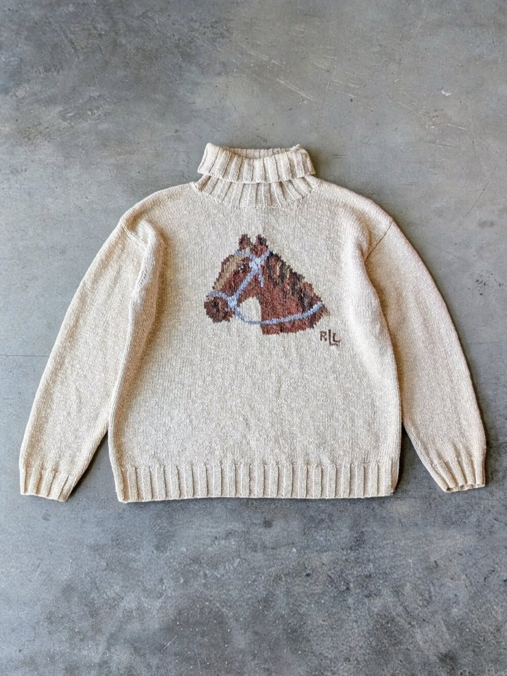 Ralph Lauren Horse Equestrian Intarsia Knit Tan Linen Turtleneck Sweater medium - Picture 10 of 10